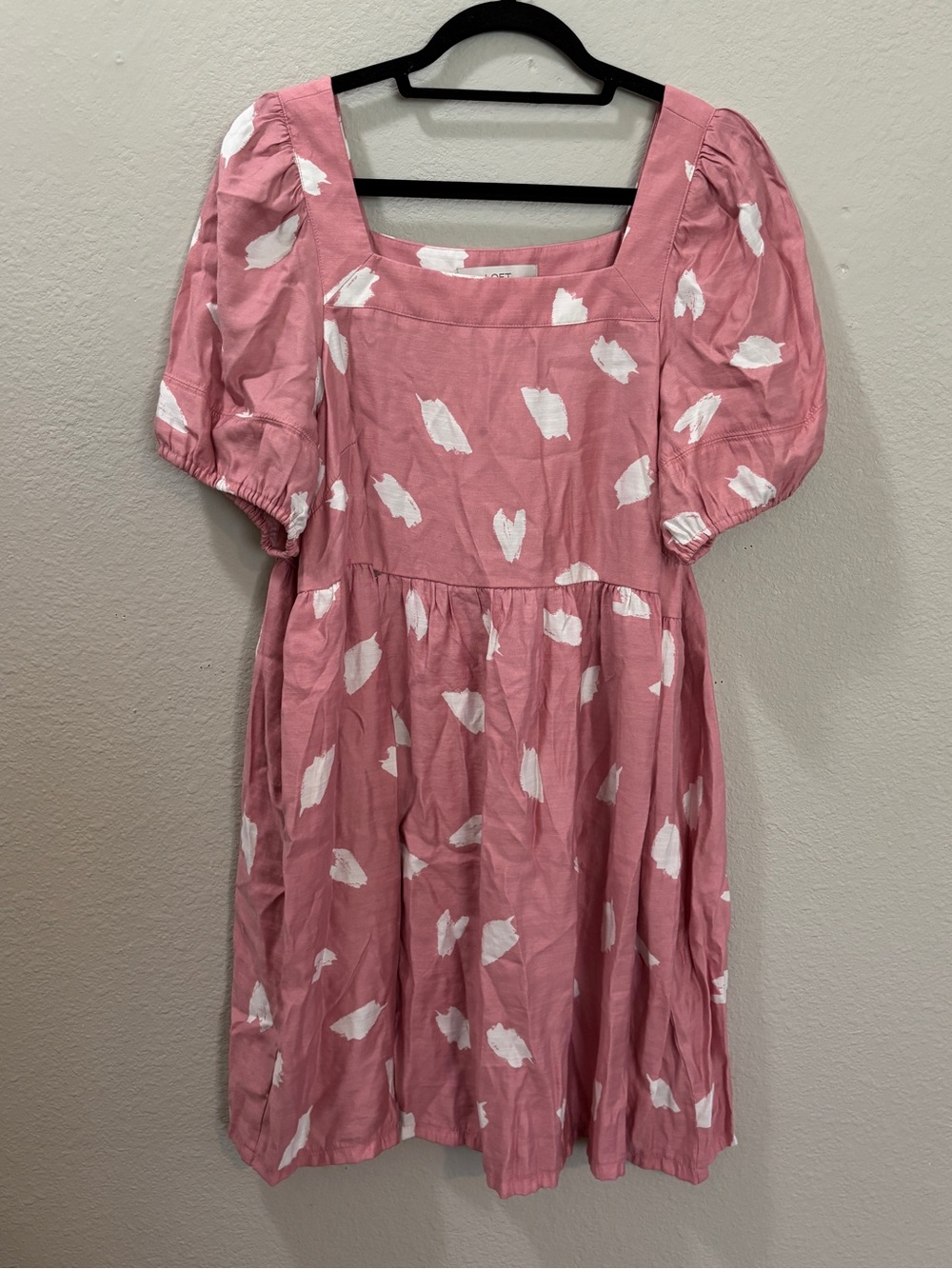 LOFT Pink White Brushstroke Print Puff Sleeve Square Neck Mini Dress Size Large